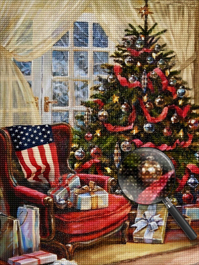 Weihnachtsbaum und Geschenke im Haus Diamond Painting