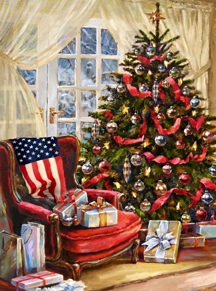 Weihnachtsbaum und Geschenke im Haus Diamond Painting