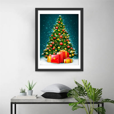 Weihnachtsbaum und Geschenke im Schnee Diamond Painting