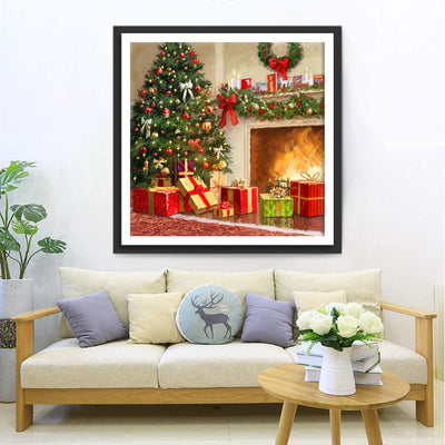 Weihnachtsbaum und Geschenke neben dem Kamin Diamond Painting