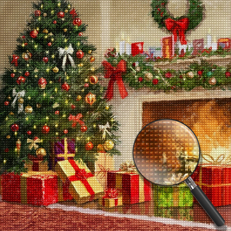 Weihnachtsbaum und Geschenke neben dem Kamin Diamond Painting