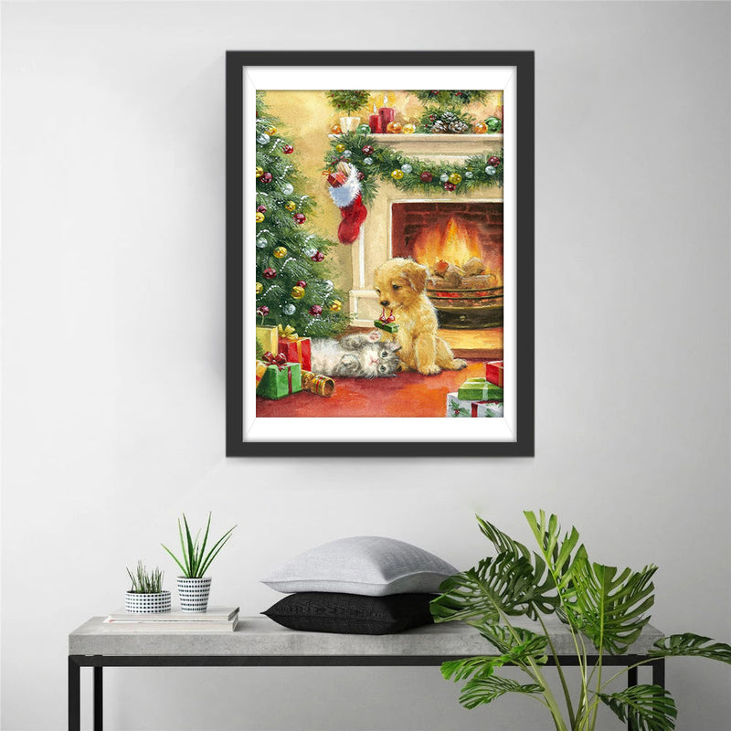 Weihnachtsbaum und Hund am Kamin Diamond Painting