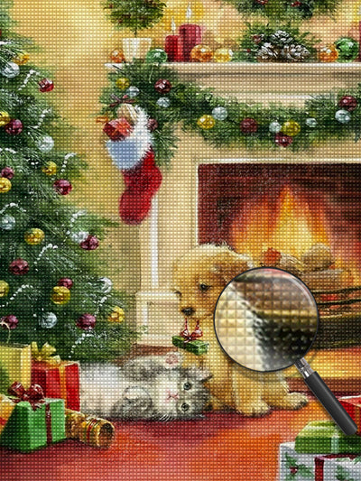 Weihnachtsbaum und Hund am Kamin Diamond Painting