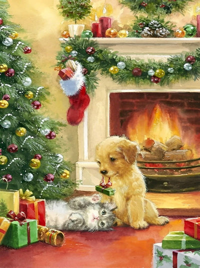 Weihnachtsbaum und Hund am Kamin Diamond Painting