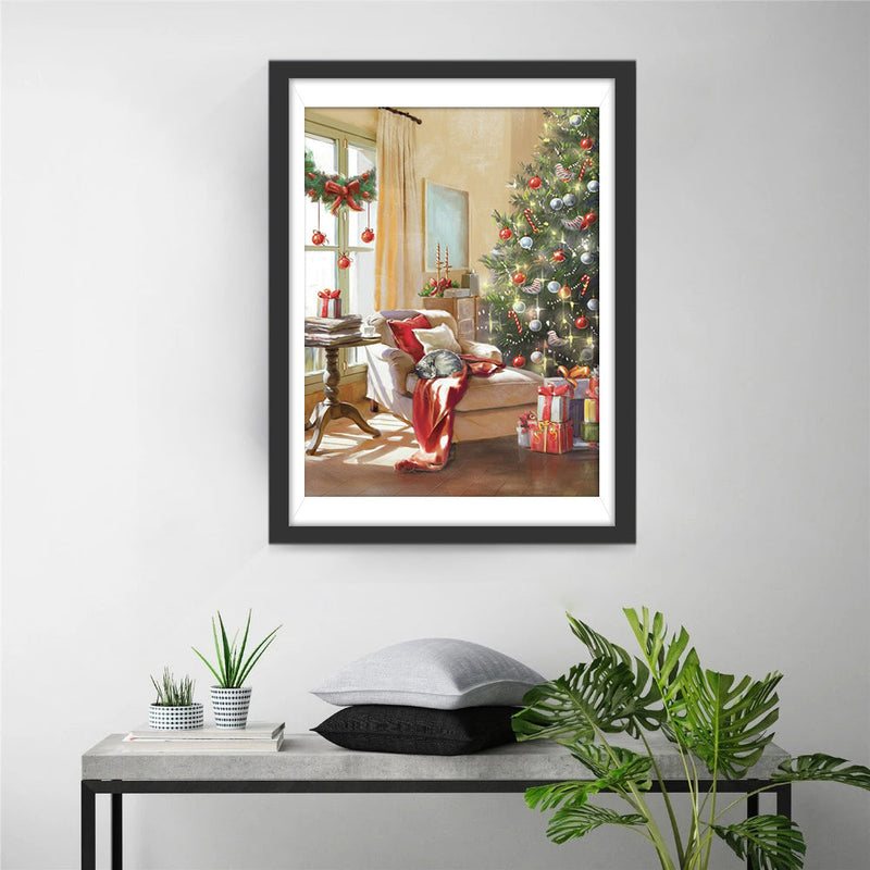 Weihnachtsbaum und schlafende Katze Diamond Painting