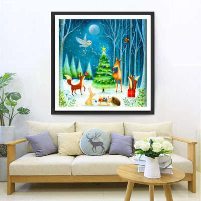 Weihnachtsbaum und Tiere im Wald Diamond Painting