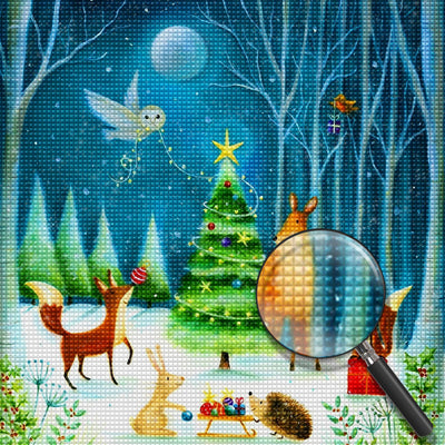 Weihnachtsbaum und Tiere im Wald Diamond Painting