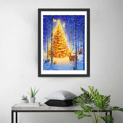 Weihnachtsbaum und Tiere im Wald Diamond Painting