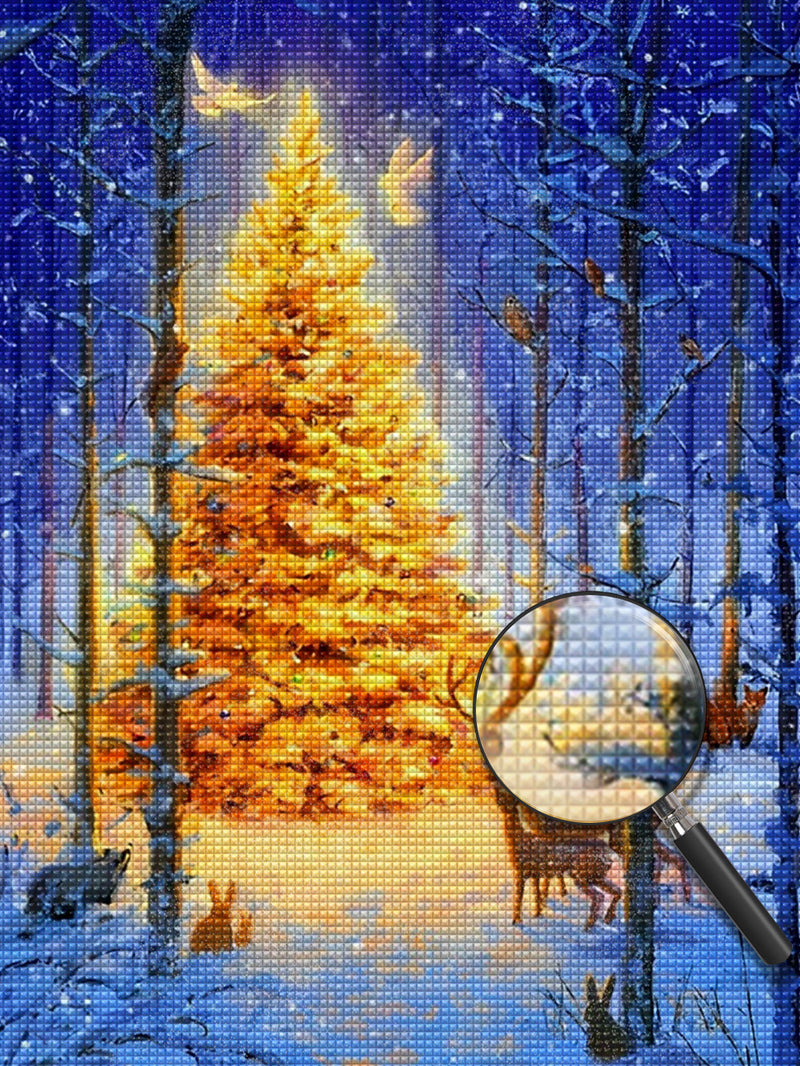 Weihnachtsbaum und Tiere im Wald Diamond Painting