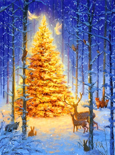 Weihnachtsbaum und Tiere im Wald Diamond Painting