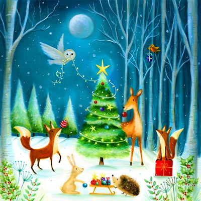 Weihnachtsbaum und Tiere im Wald Diamond Painting