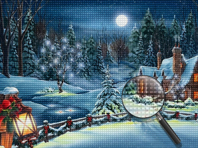 Weihnachtshütte unter dem Vollmond im Winter Diamond Painting