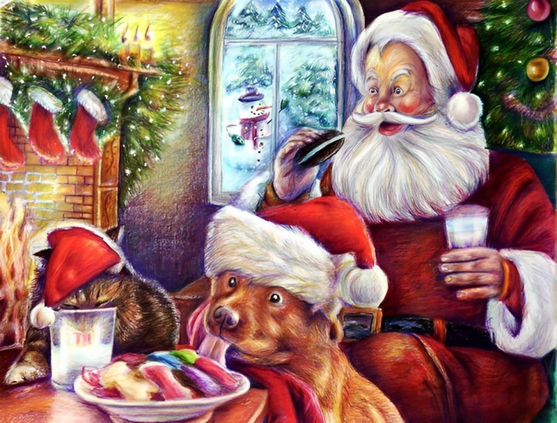 Weihnachtsmann Frühstück Hund Diamond Painting