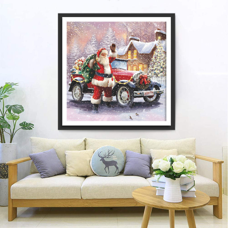 Weihnachtsmann mit dem Auto voller Geschenke Diamond Painting