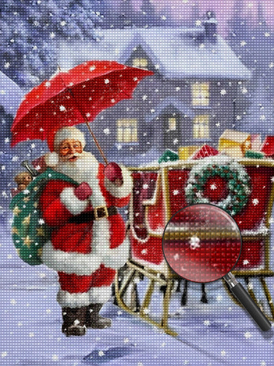 Weihnachtsmann mit einem Regenschirm im Schnee Diamond Painting