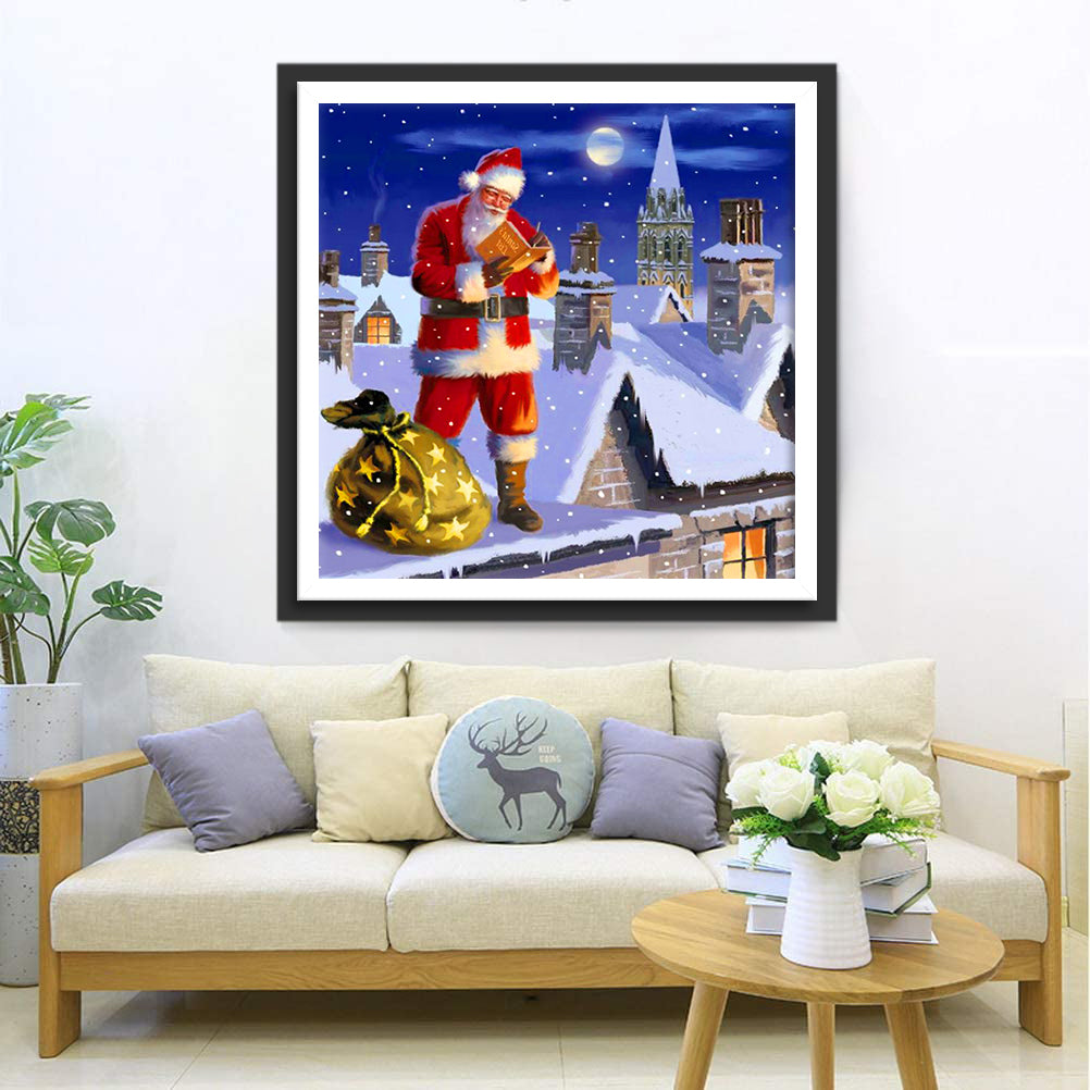 Weihnachtsmann mit Geschenken auf dem Dach Diamond Painting