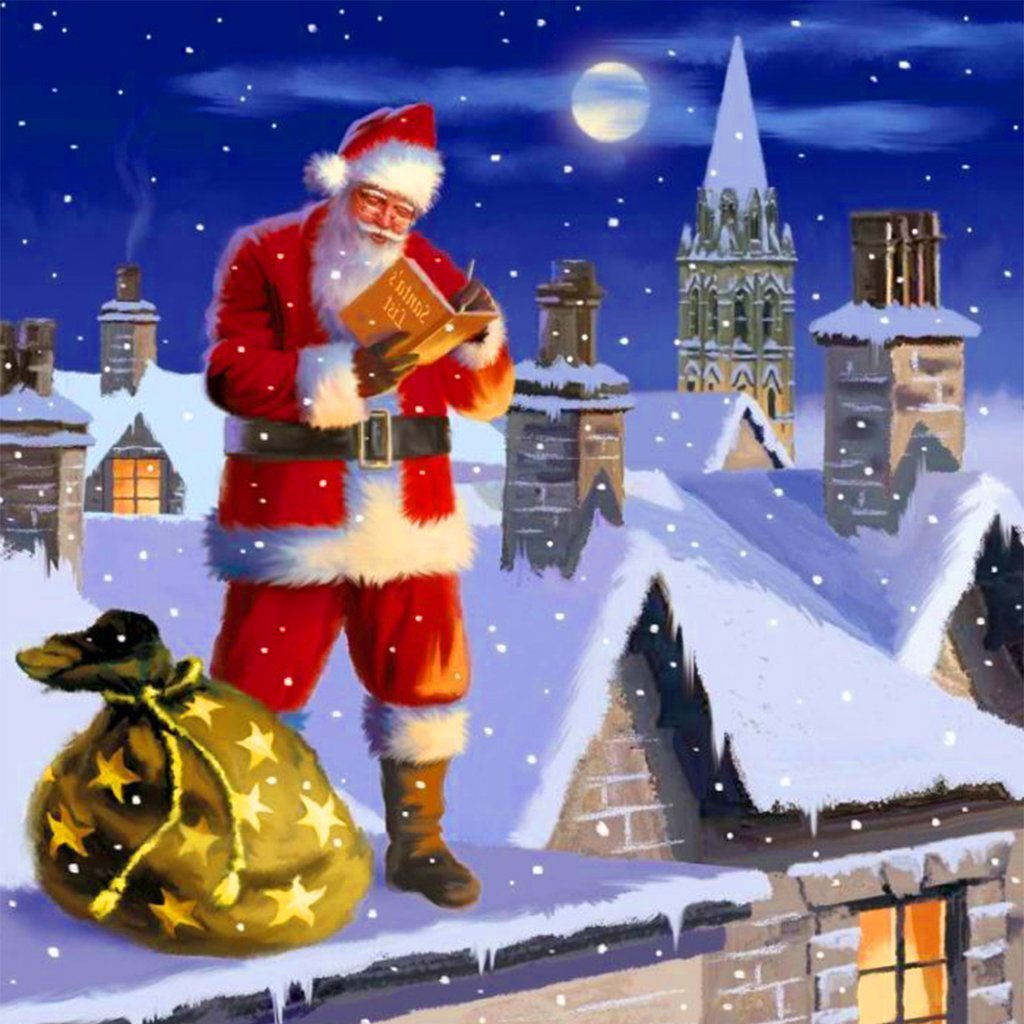 Weihnachtsmann mit Geschenken auf dem Dach Diamond Painting