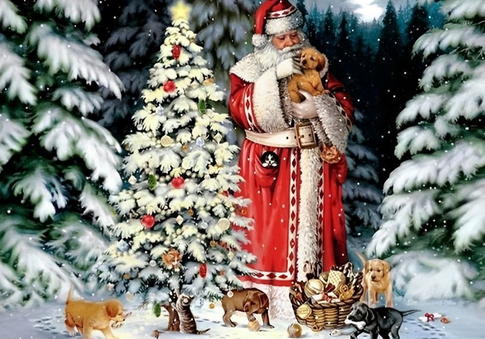 Weihnachtsmann mit Hund neben dem Weihnachtsbaum Diamond Painting