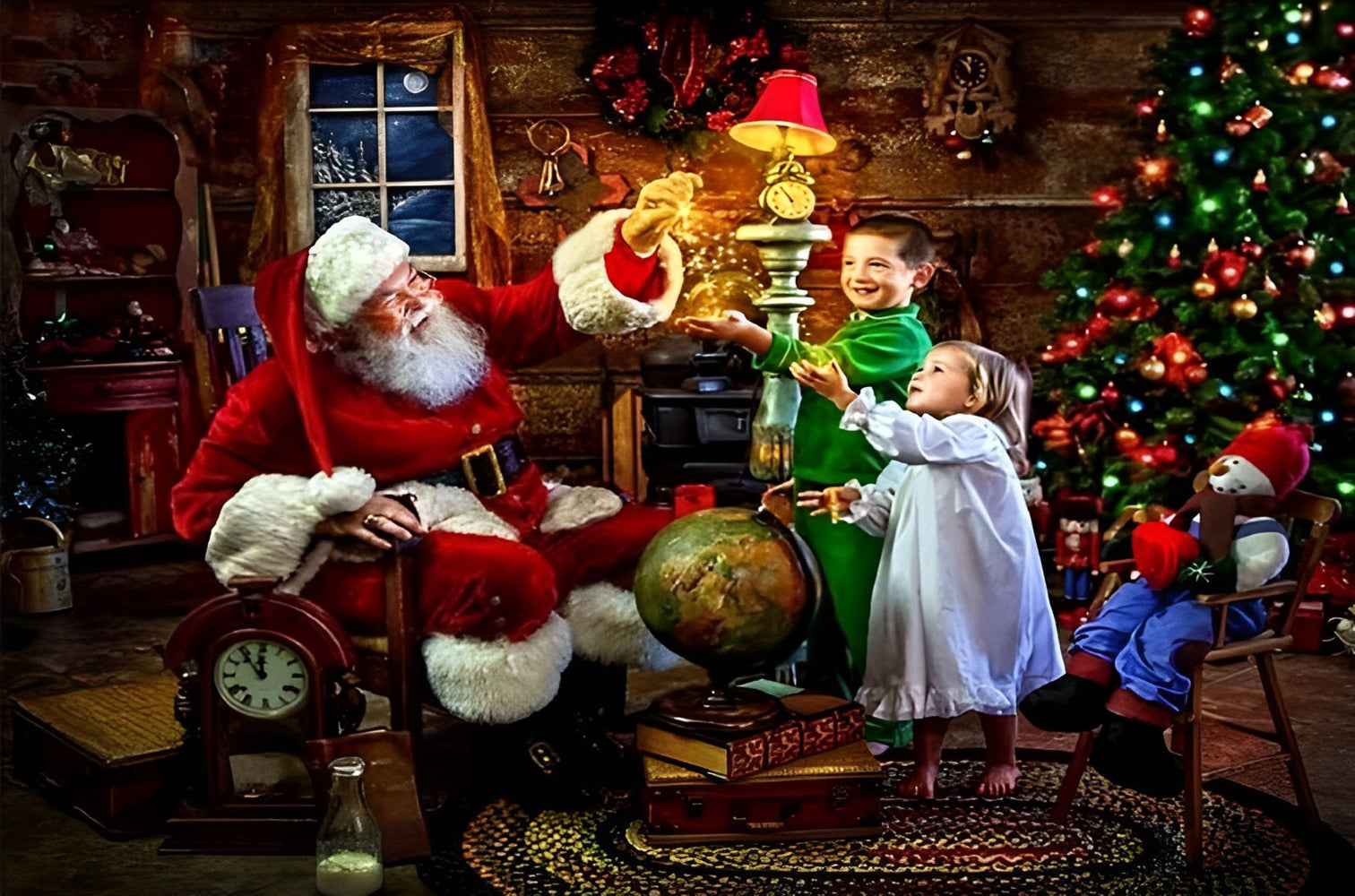 Weihnachtsmann mit Kindern im Haus Diamond Painting