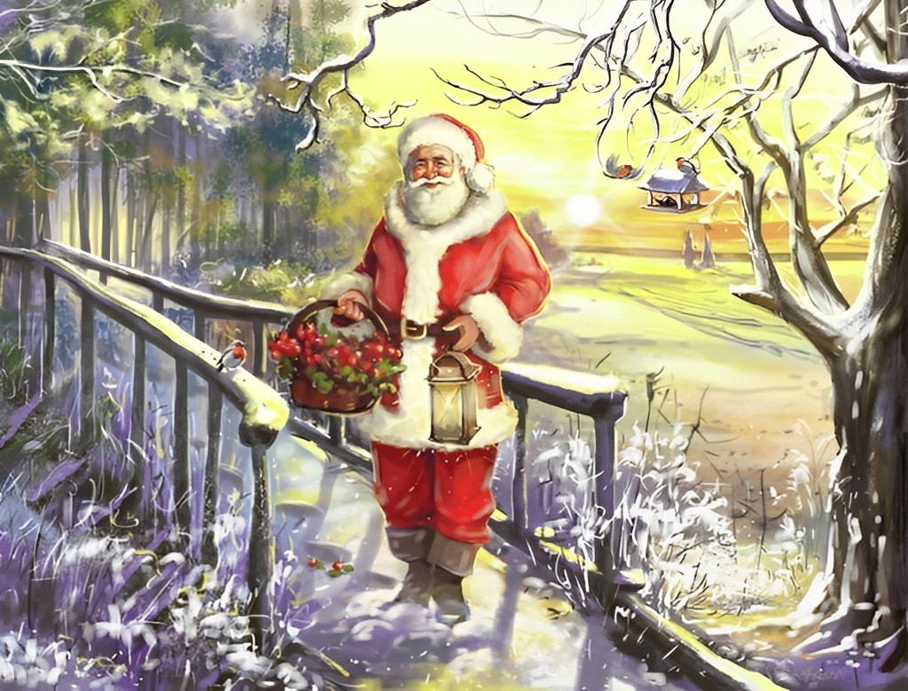 Weihnachtsmann mit Obst auf der Brücke Diamond Painting