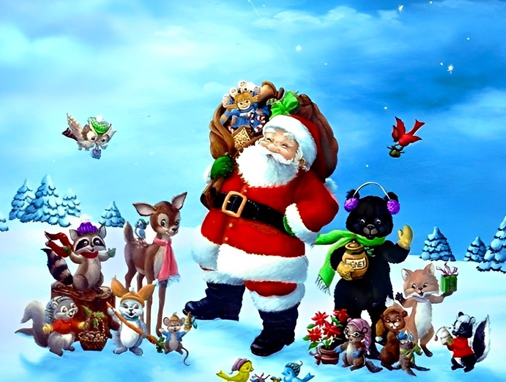 Weihnachtsmann mit Tieren Diamond Painting