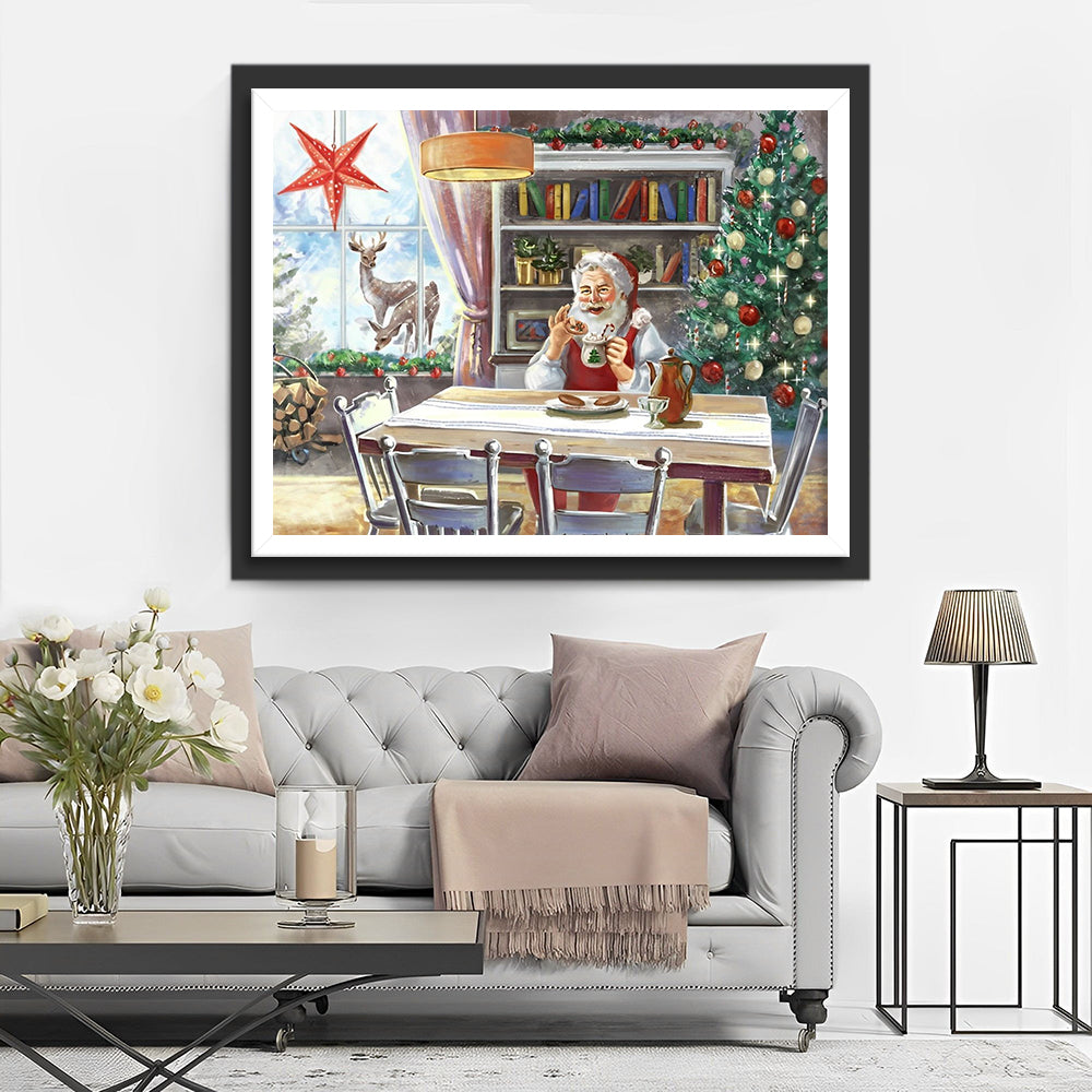 Weihnachtsmann neben dem Weihnachtsbaum Diamond Painting