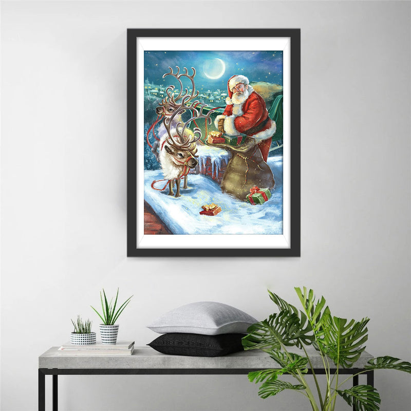 Weihnachtsmann und Elch außerhalb des Schornsteins Diamond Painting