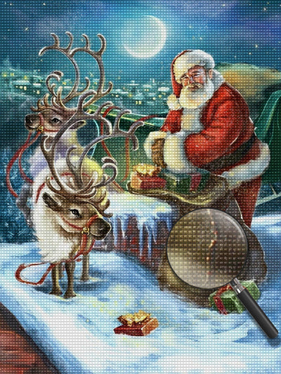 Weihnachtsmann und Elch außerhalb des Schornsteins Diamond Painting