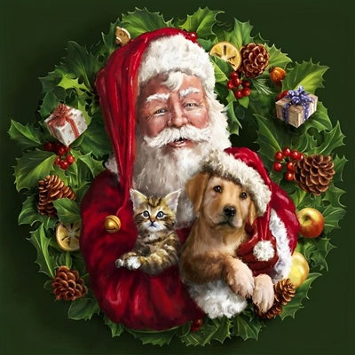 Weihnachtsmann und Hund im Kranz Diamond Painting