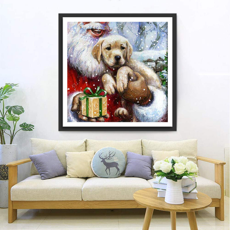 Weihnachtsmann und Hund mit Geschenk Diamond Painting