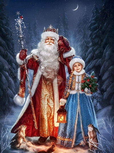 Weihnachtsmann und Mädchen im Wald Diamond Painting