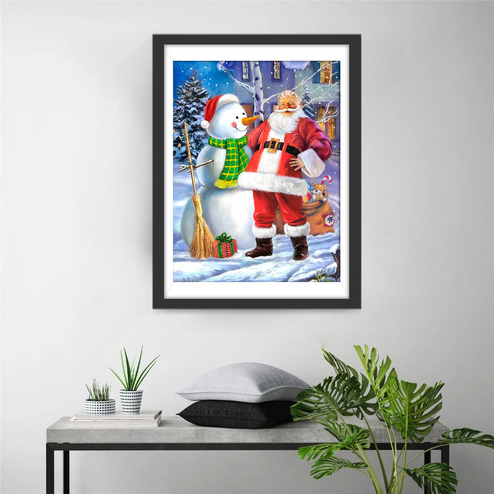 Weihnachtsmann und Schneemann mit Besen Diamond Painting