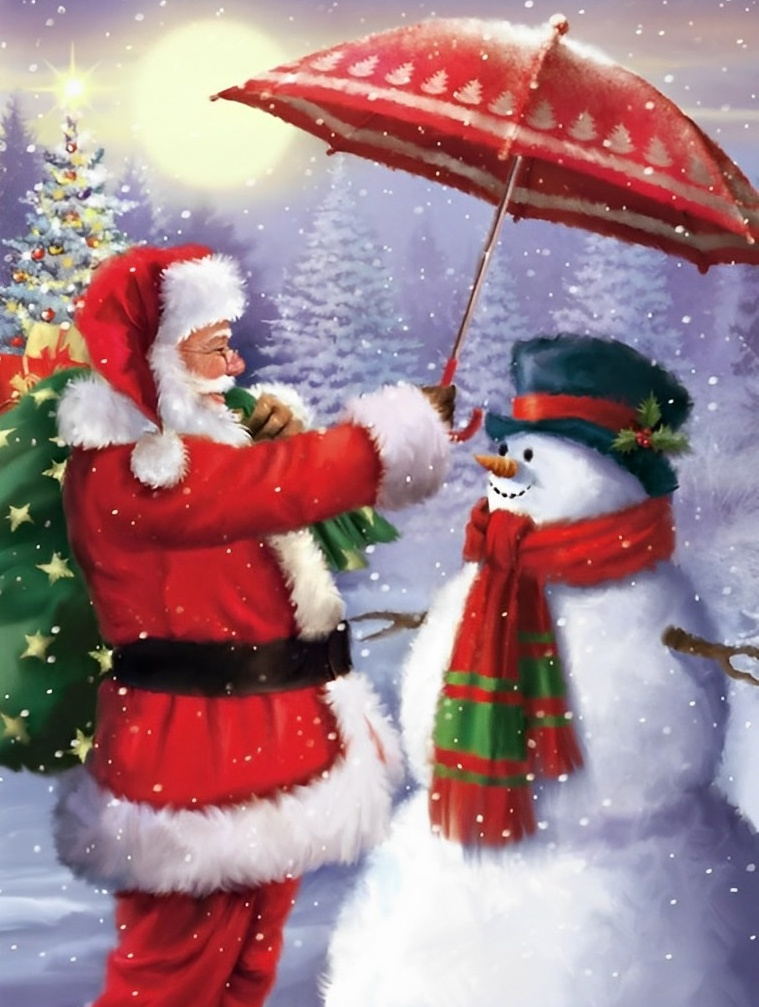 Weihnachtsmann und Schneemann mit einem Regenschirm Diamond Painting