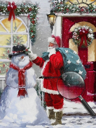 Weihnachtsmann und Schneemann vor der Haustür Diamond Painting