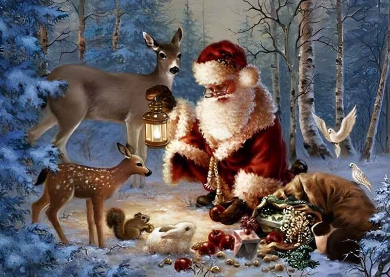 Weihnachtsmann und Tiere im Wald Diamond Painting