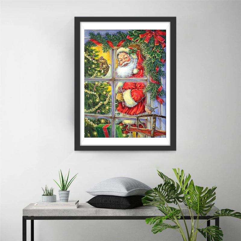 Weihnachtsmann und Weihnachtsbaum am Fenster Diamond Painting