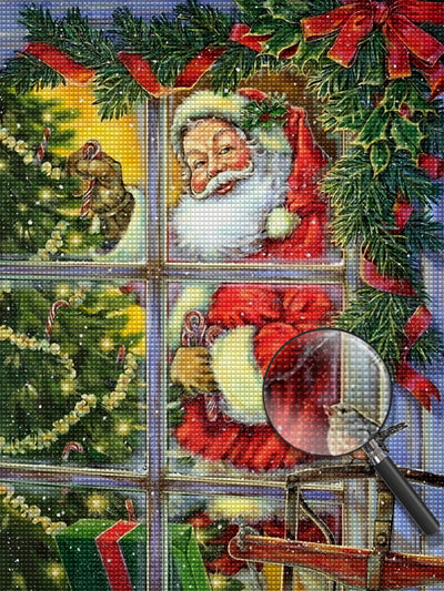 Weihnachtsmann und Weihnachtsbaum am Fenster Diamond Painting