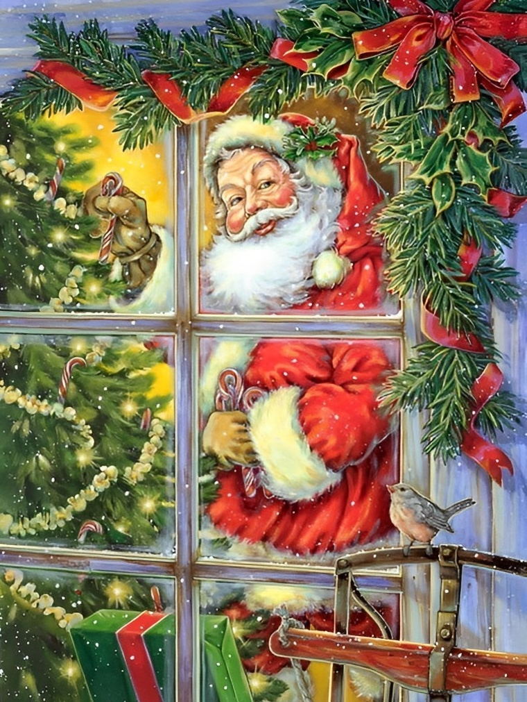 Weihnachtsmann und Weihnachtsbaum am Fenster Diamond Painting