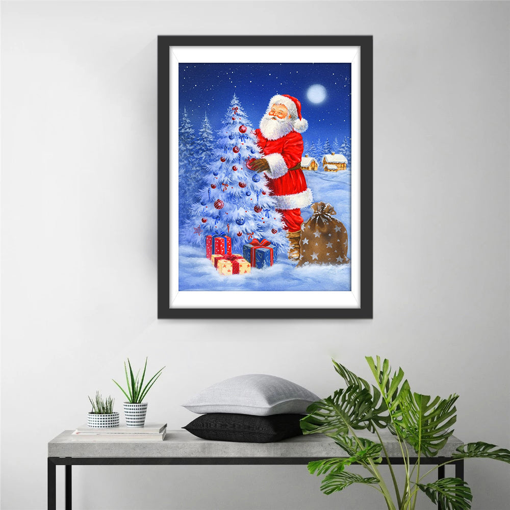 Weihnachtsmann und Weihnachtsbaum im Schnee Diamond Painting