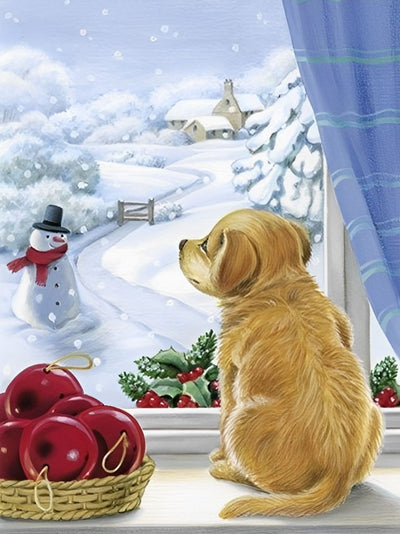 Weihnachtsschneemann aus dem Fenster und Hund Diamond Painting