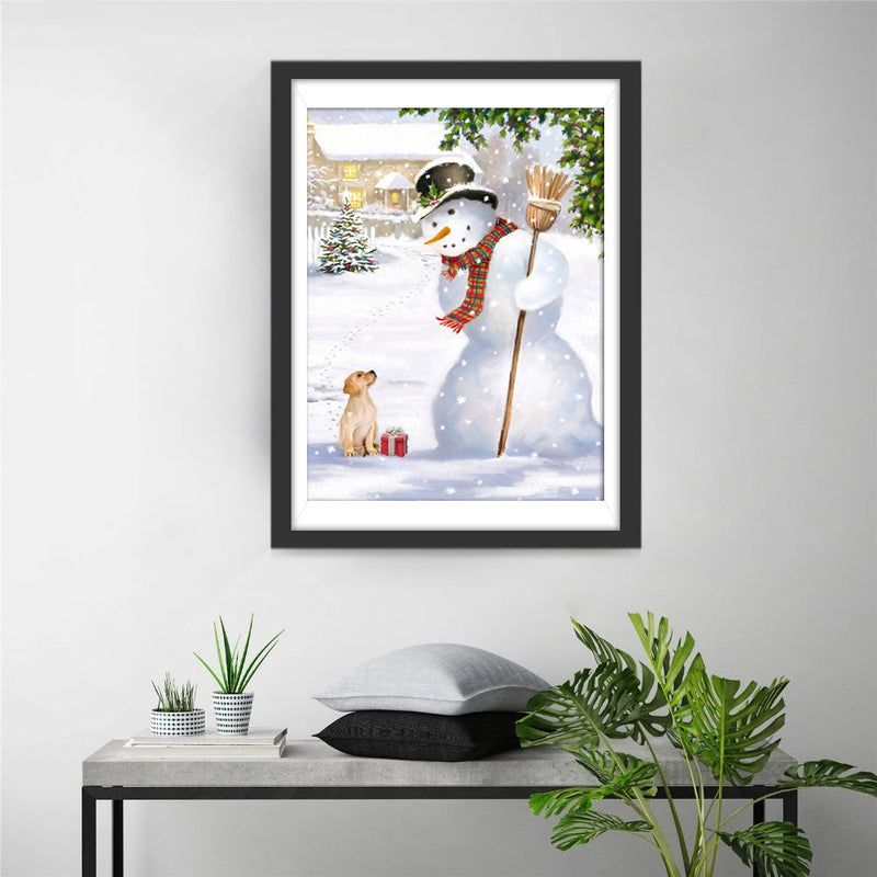 Weihnachtsschneemann mit Besen und Hund Diamond Painting