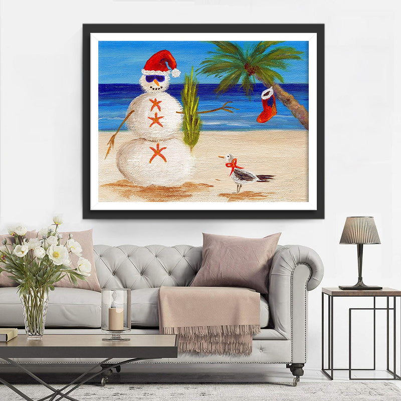 Weihnachtsschneemann mit Sonnenbrille am Strand Diamond Painting