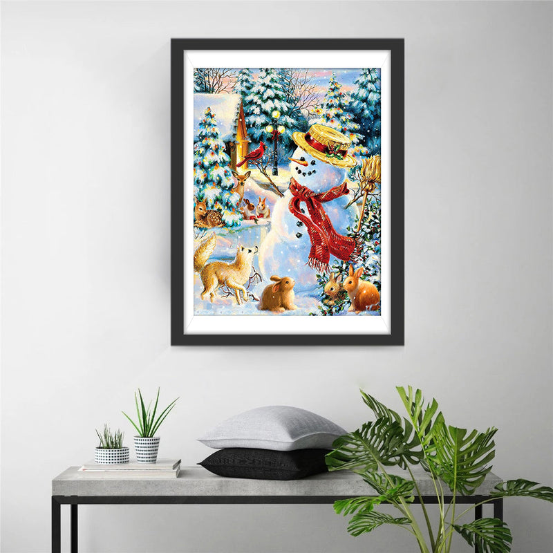 Weihnachtsschneemann und Tiere im Wald Diamond Painting