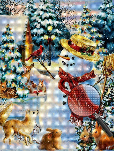 Weihnachtsschneemann und Tiere im Wald Diamond Painting