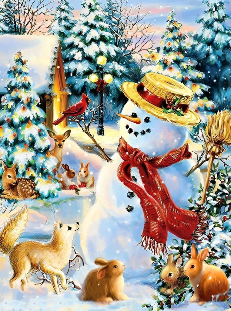 Weihnachtsschneemann und Tiere im Wald Diamond Painting