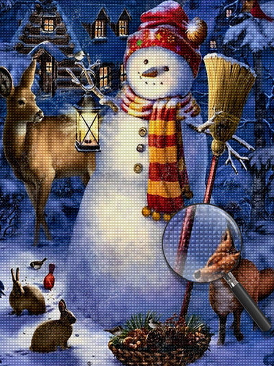 Weihnachtsschneemann und Tiere vor der Hütte Diamond Painting