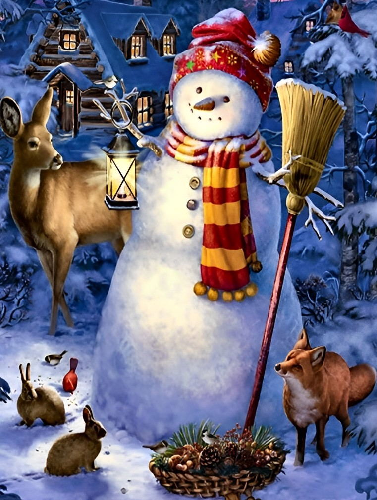 Weihnachtsschneemann und Tiere vor der Hütte Diamond Painting