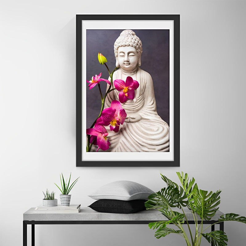 Weiße Buddhafigur und rote Blumen Diamond Painting