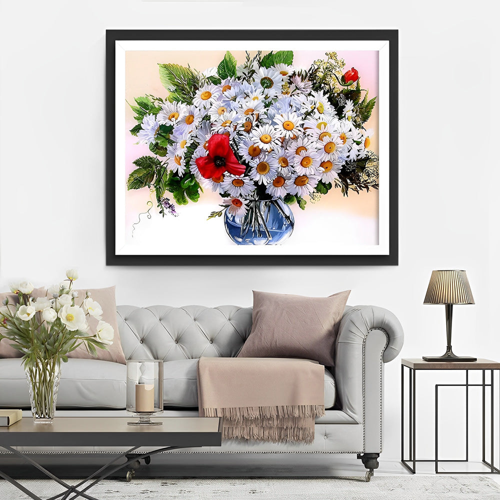 Weiße Gänseblümchen in der blauen Glasflasche Diamond Painting