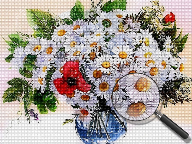 Weiße Gänseblümchen in der blauen Glasflasche Diamond Painting